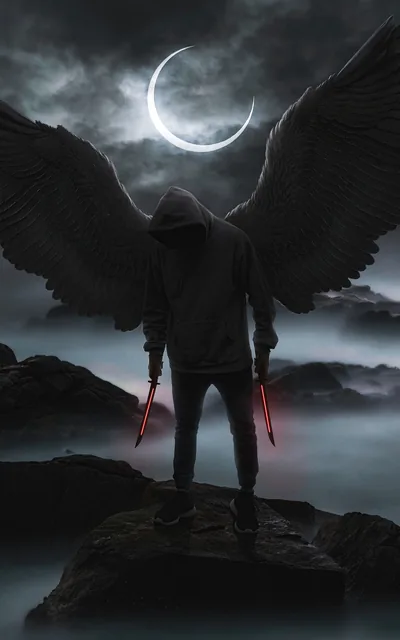 Winged Hooded Figure Under a Crescent Moon HD Phone Wallpaper