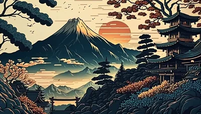 Ukiyo-e Fuji at Sunset HD Wallpaper