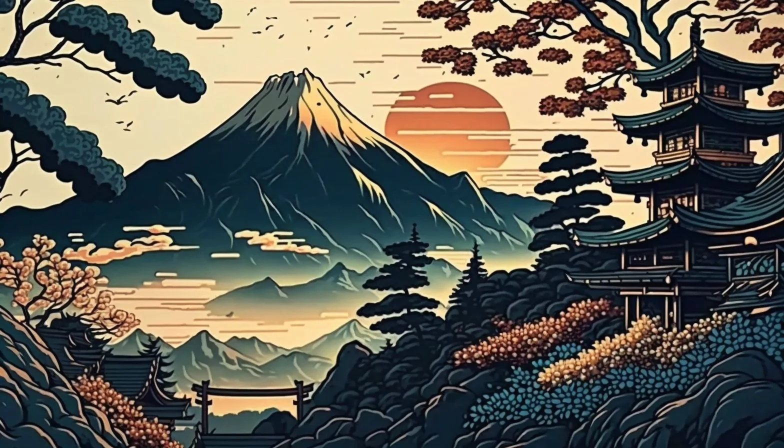Fuji stands centred in flat woodblock colours as an orange sun drops behind a hillside pagoda, a tiny torii marking the path at the bottom edge.