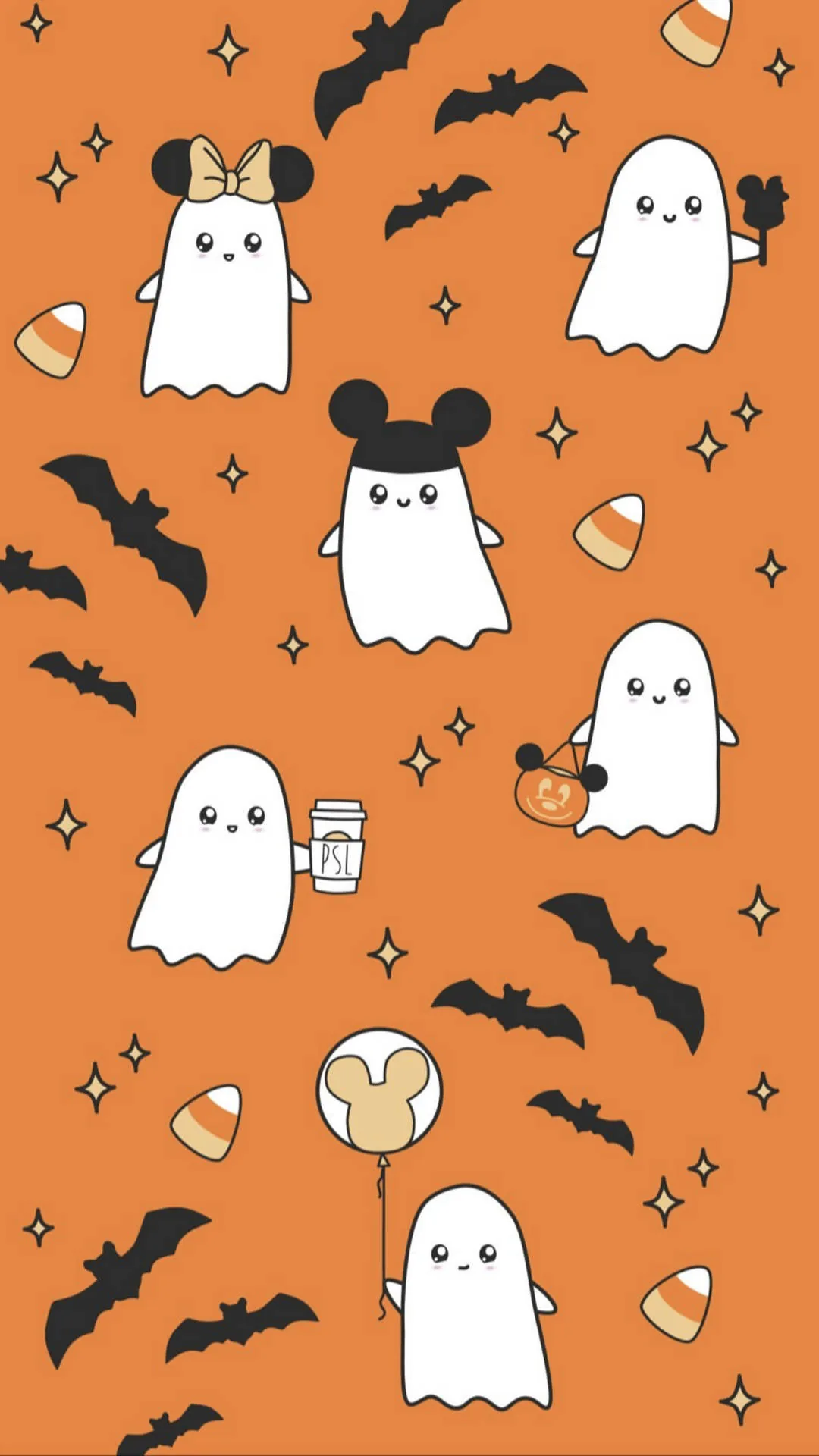 White ghosts wearing round mouse ears — one with a red bow, one holding a snack cup — float among candy corn and bats on burnt orange.
