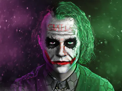 Digital painting split between green and purple glow, the word smile daubed in red above cracked white makeup and heavy black eye sockets.