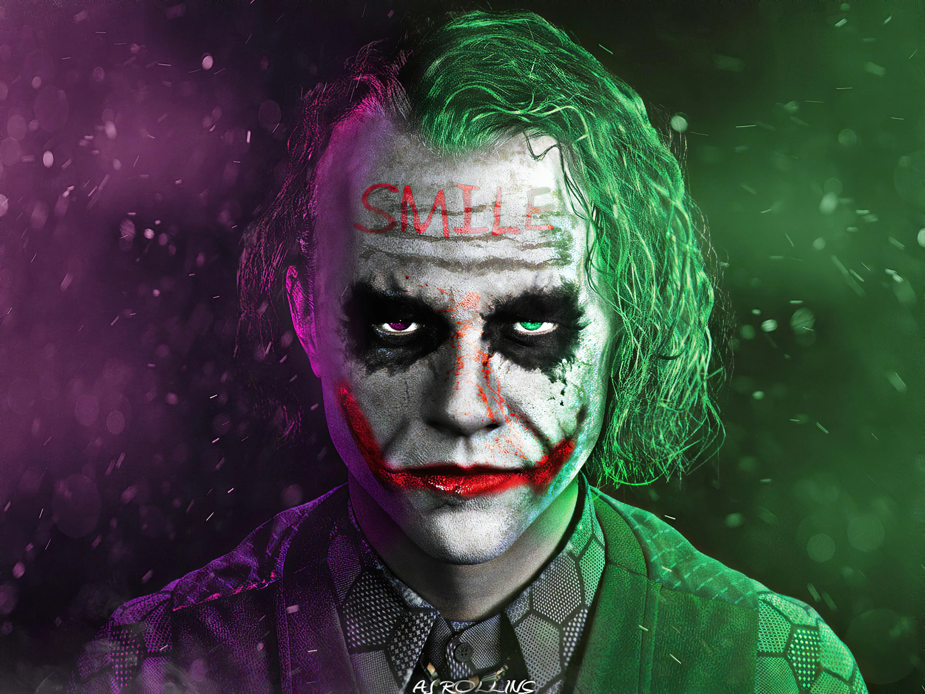 Digital painting split between green and purple glow, the word smile daubed in red above cracked white makeup and heavy black eye sockets.