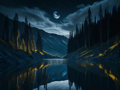 Moonlit Lake in a Pine Valley HD Wallpaper