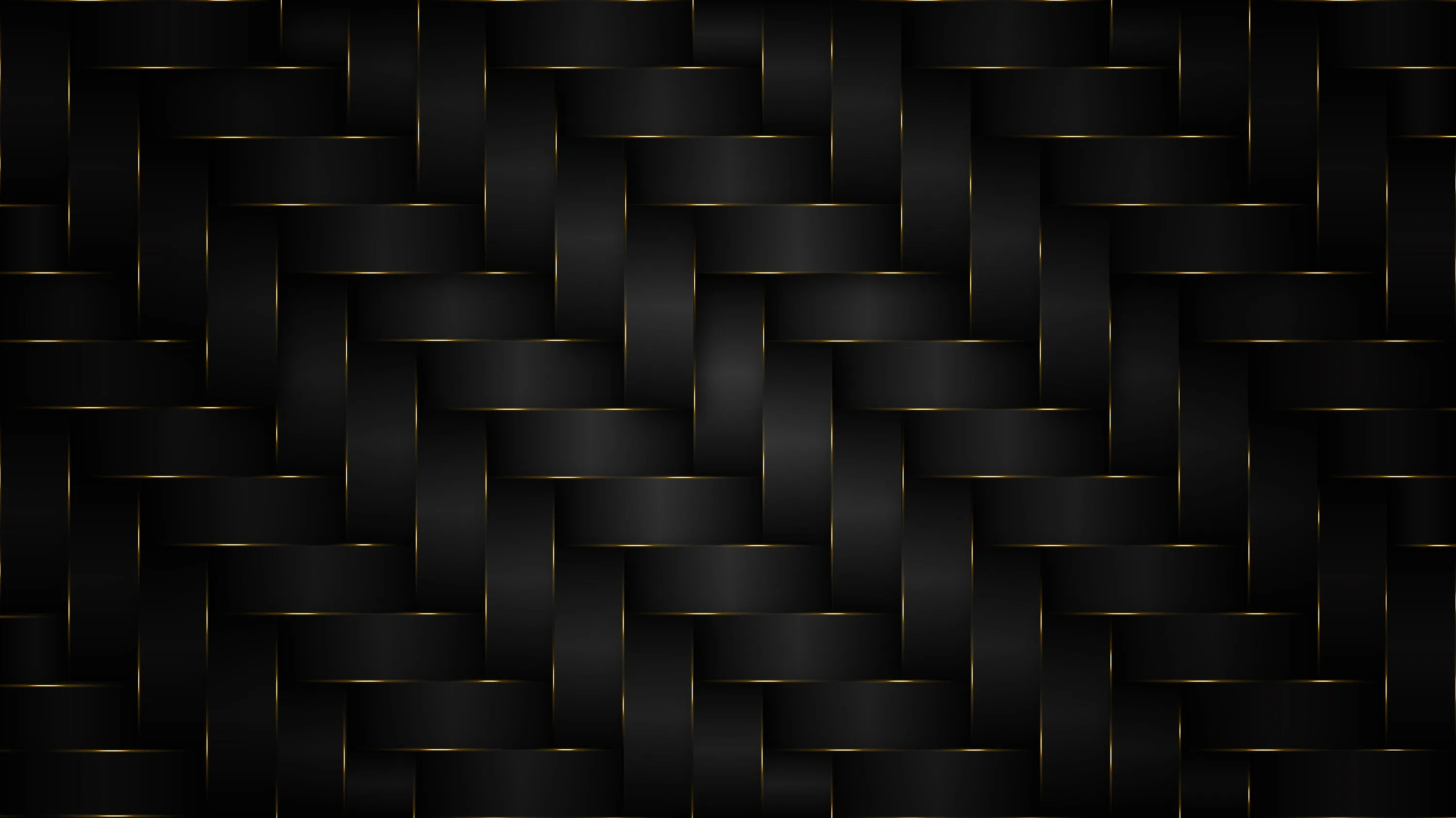 Matte black straps interlace in a tight herringbone weave, faint amber light catching only a few strap edges, the whole frame reading nearly solid black on screen.