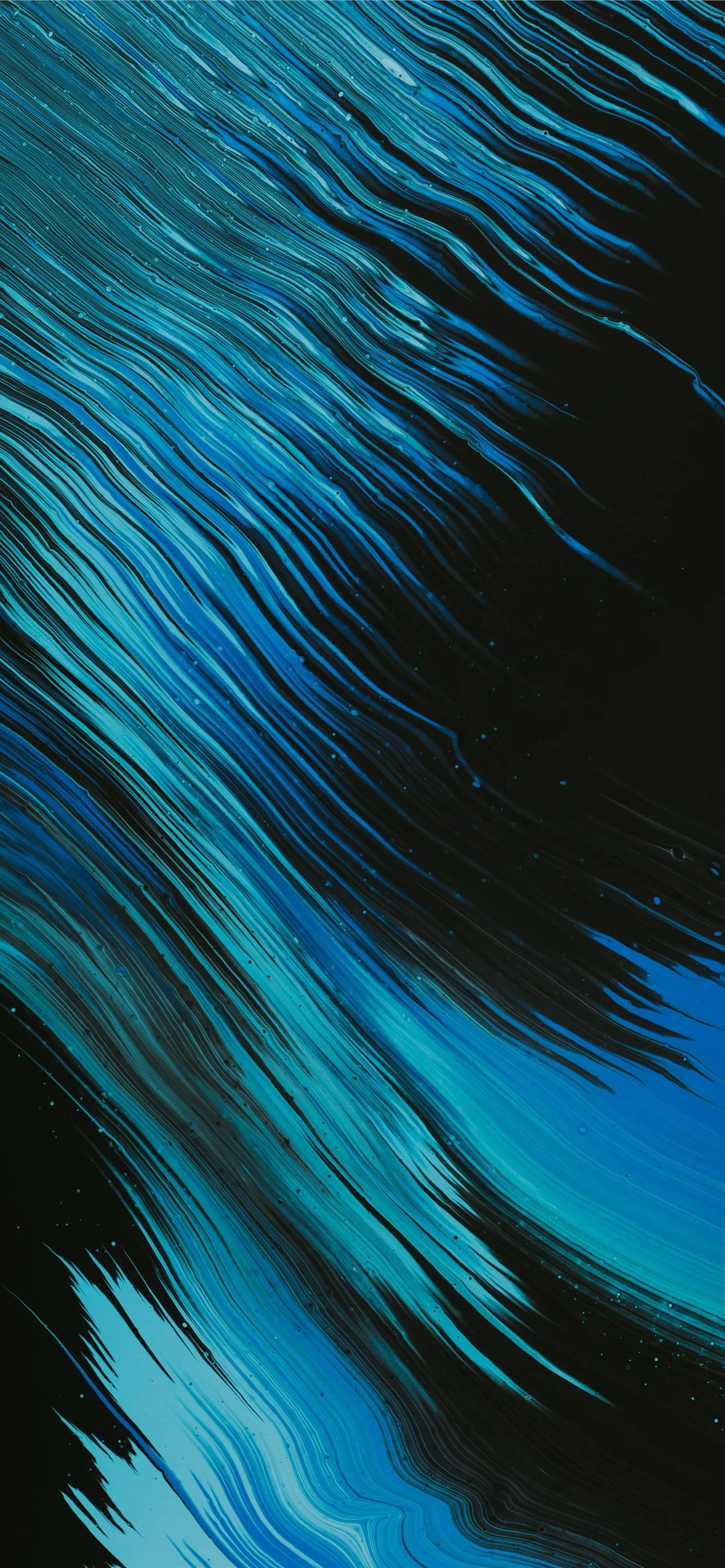 Long feathered strokes of cyan and cobalt sweep diagonally through black, the paint thinning to hairlines at the top edge.
