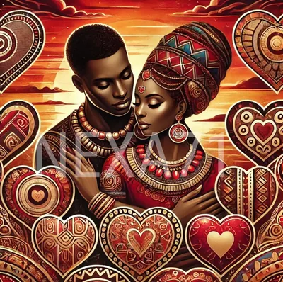 Painted Couple Among Patterned Hearts HD Wallpaper