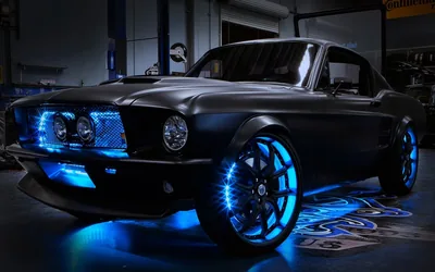 Matte Black Mustang with Blue Underglow HD Wallpaper
