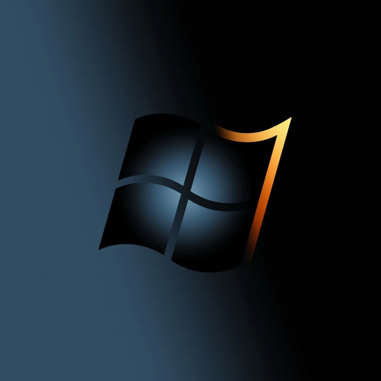 A dark Windows flag with an orange numeral seven behind it, set on a steel-blue gradient that darkens towards every corner of the square.