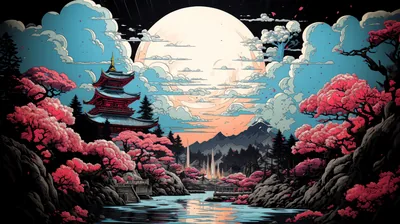 Giant Moon over a Blossom Valley HD Wallpaper