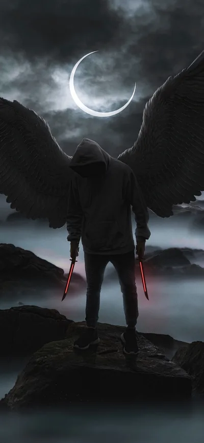 Hooded Angel with Twin Red Blades HD Phone Wallpaper