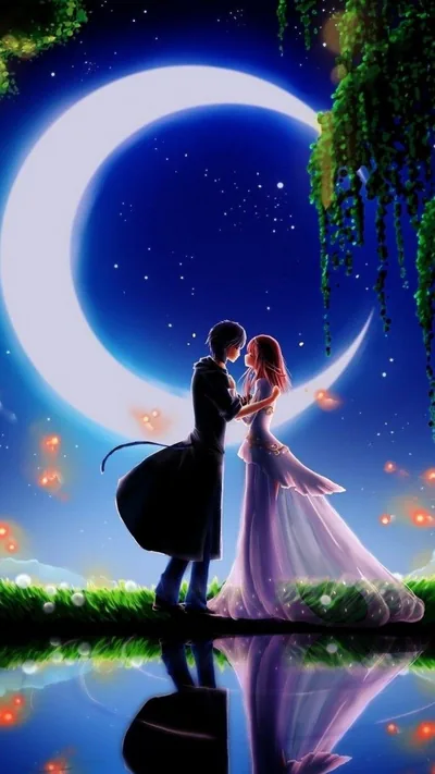 Couple Dancing Under a Crescent Moon HD Phone Wallpaper