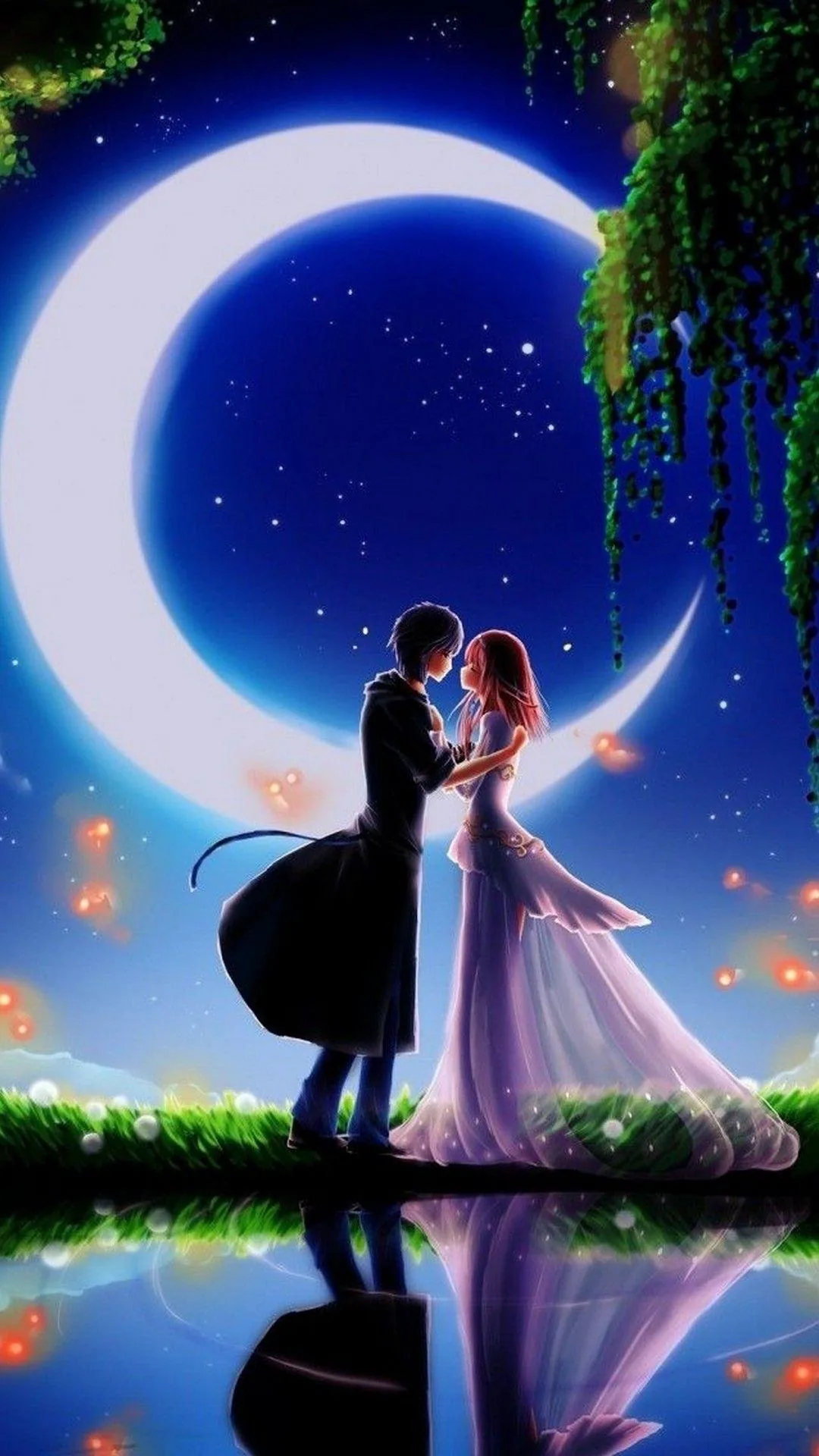 A painted couple embraces on a grassy bank beneath a huge blue crescent, fireflies and their mirrored reflection filling the water below.