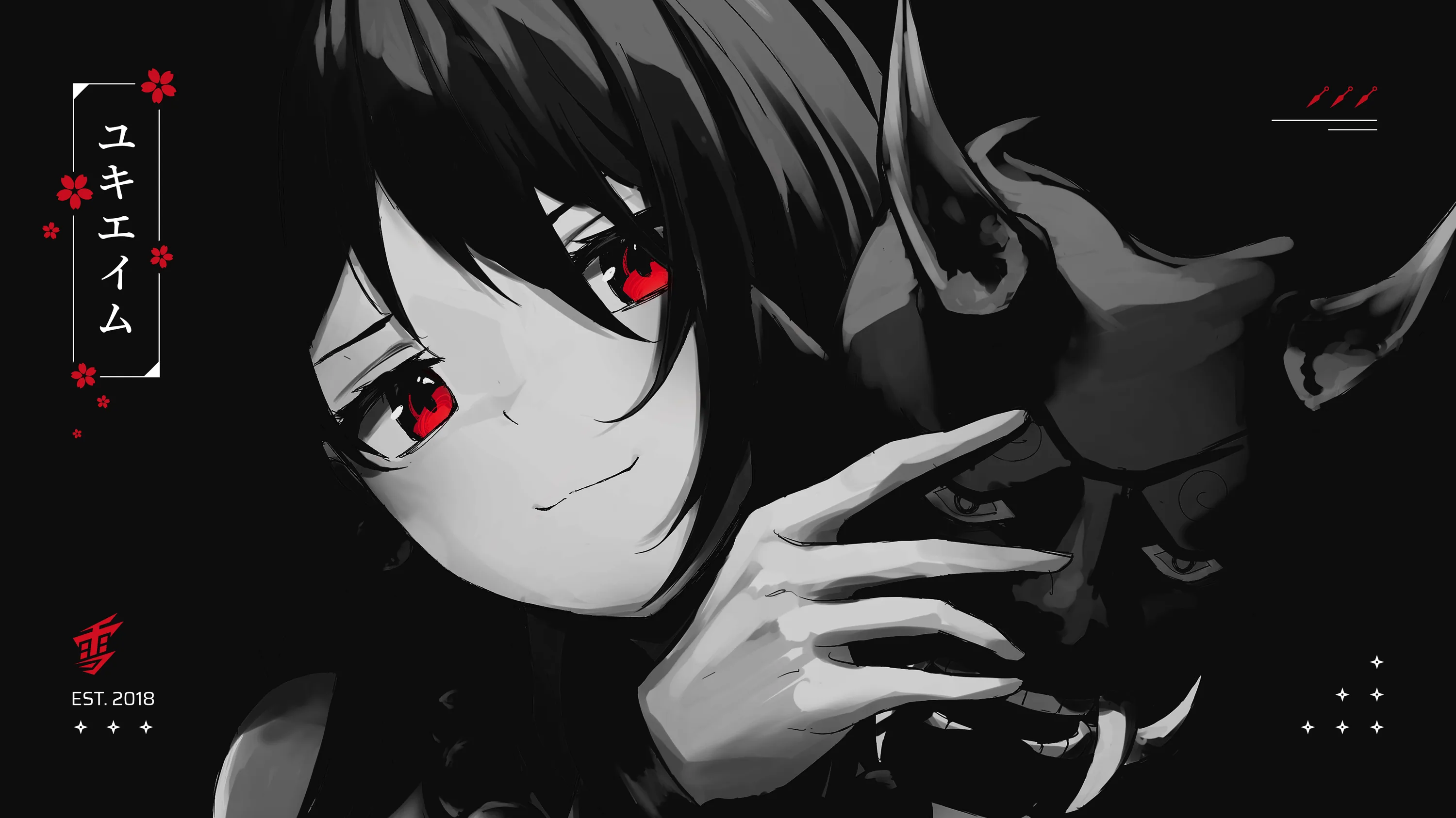 She cradles a tiny horned creature near her cheek, katakana in a red box at the left edge and thin interface marks along the corners.
