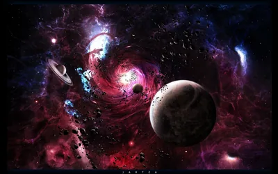 Ringed and Grey Planets in a Red Swirl HD Wallpaper