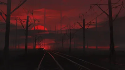Railway Line Under a Red Sunset HD Wallpaper