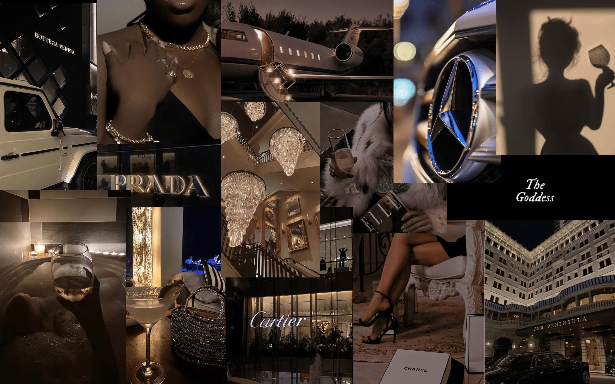 Designer storefronts, a Mercedes star and jewellery close-ups tile the frame in warm bronze and cream, darker cells falling along the right edge.