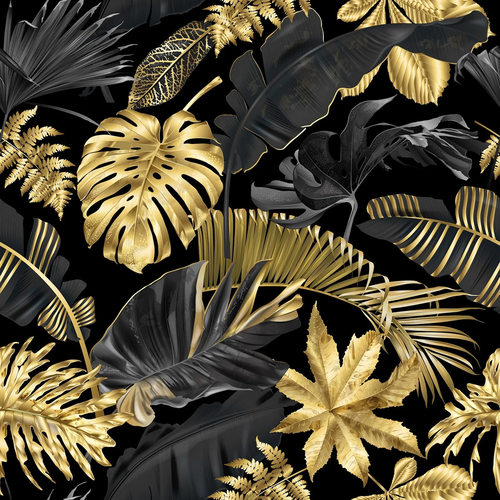 Monstera, banana and fern leaves alternate between gilt and near-black, packed edge to edge with no quiet space, so it reads as a full botanical print.