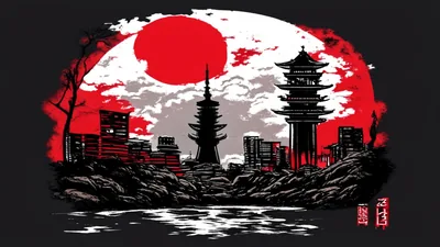 Woodblock City under a Red Sun HD Wallpaper