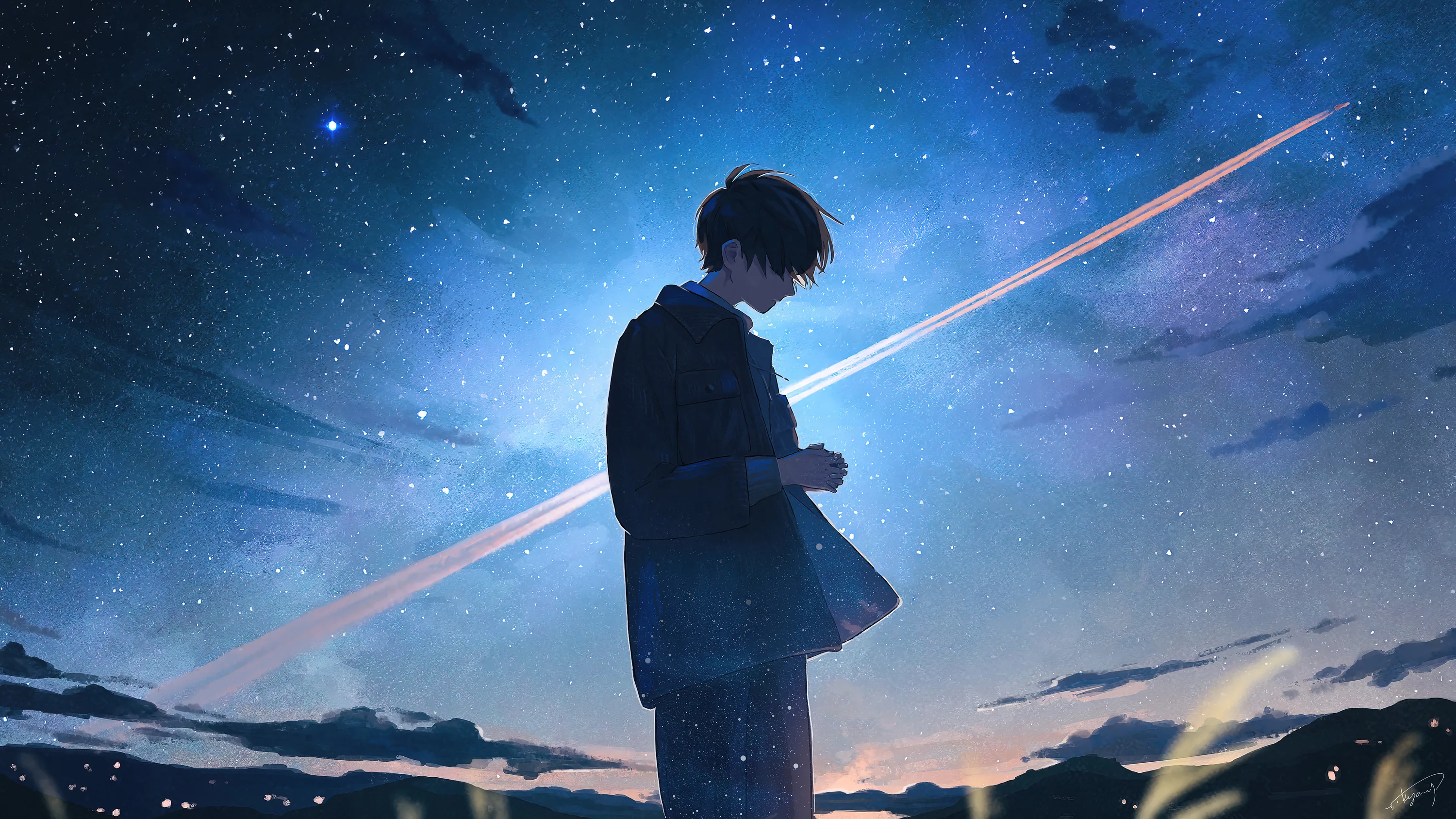 A boy stands in tall grass looking down at his hands while a bright streak crosses the starry blue night sky above him.
