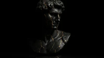Matte black marble bust with gold leaf cracks spotlighted in a void dramatic chiaroscur