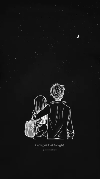 Couple Under a Crescent Moon Sketch HD Phone Wallpaper