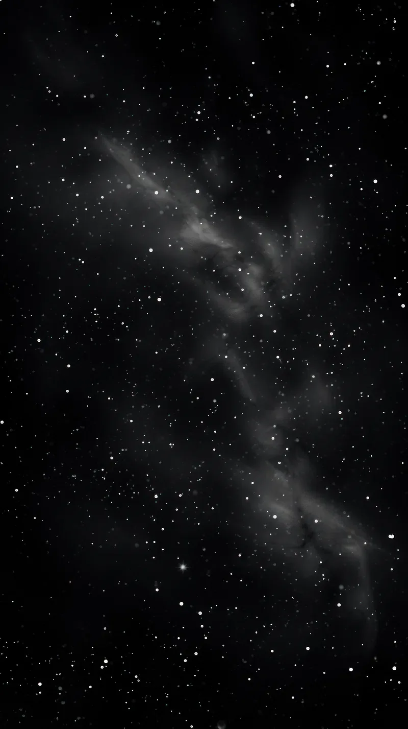 Pale grey cloud runs diagonally down the middle of the frame in soft wisps, with small white stars filling the black on either side.