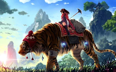 Traveler Riding a Giant Tiger HD Wallpaper