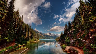 Evergreen Cliffs Around a Mountain Lake HD Wallpaper