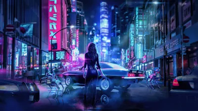 Woman Crossing a Neon City Street HD Wallpaper