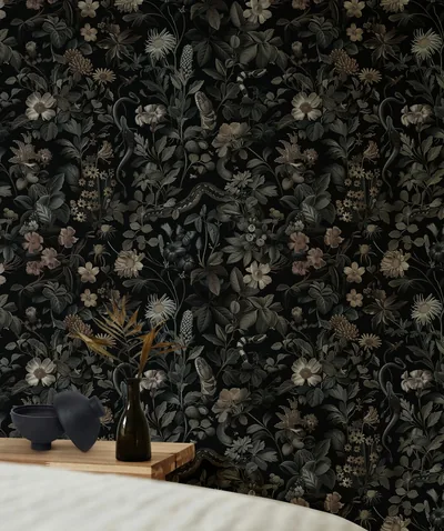 Dark Moody Floral Wallpaper Lush Overgrown Pattern With Plants, Flowers, and Snake