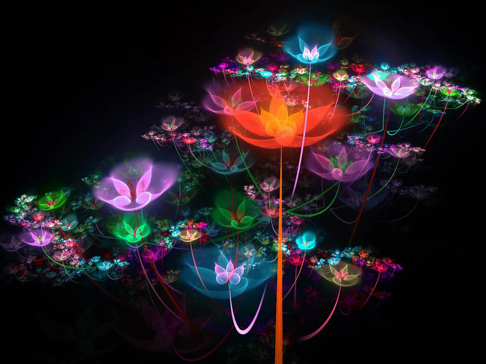 Neon lotus shapes in pink, green and orange bloom off a thin orange stem, every petal traced in light against a completely black backdrop.