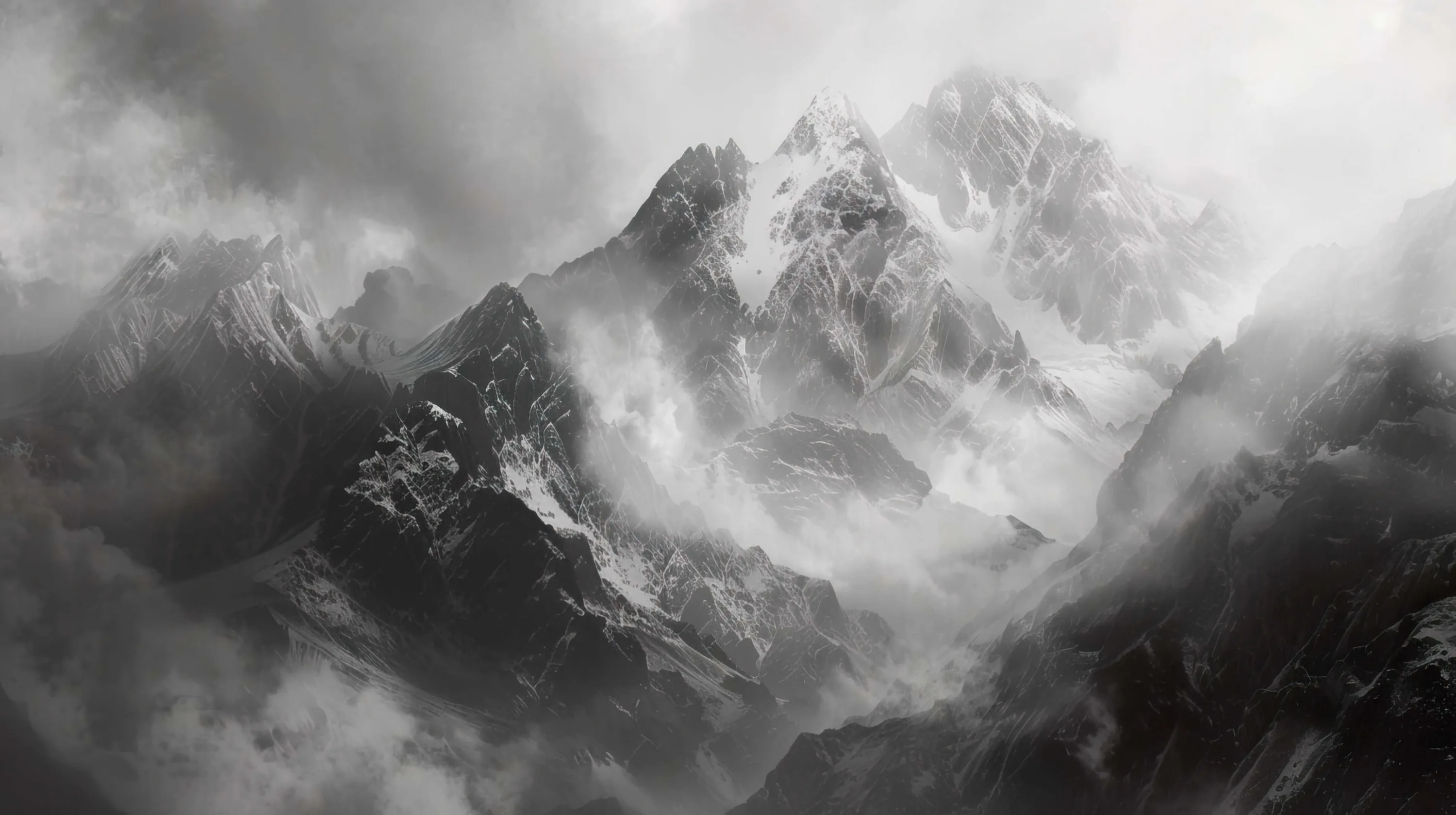 Cloud drags across a snowbound ridge so only the sharpest rock faces break through, the valley below dissolving into flat grey.