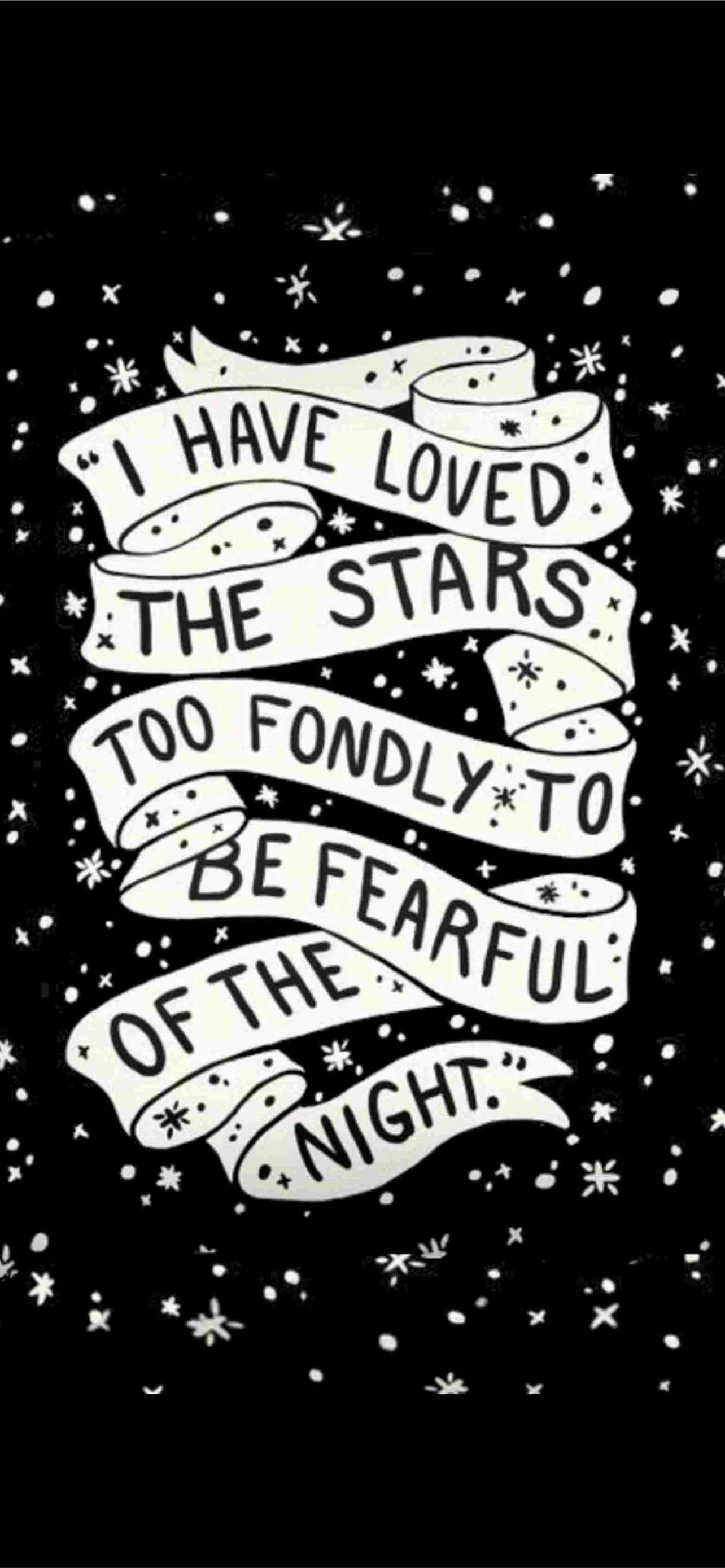 A ribbon banner carries the line about loving the stars in hand-lettered white, small drawn stars scattered across the black around it.