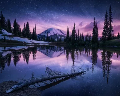 Snowy Mountain Reflected in a Starry Lake HD Wallpaper