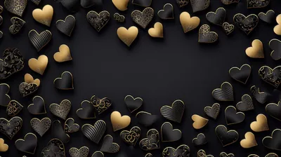 Romantic Arrangement of Black and Gold Hearts on a Dark Background