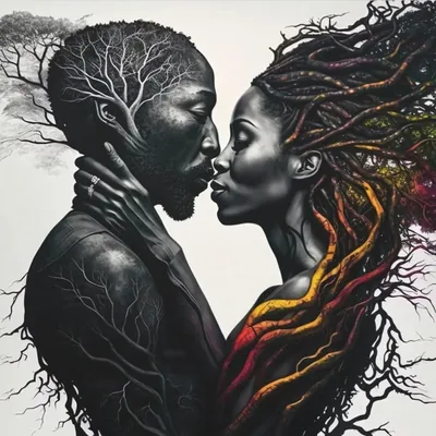 Couple Kissing with Branches for Hair HD Phone Wallpaper