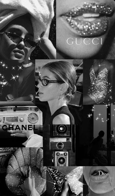 Grayscale Fashion Collage with Glitter Lips HD Phone Wallpaper
