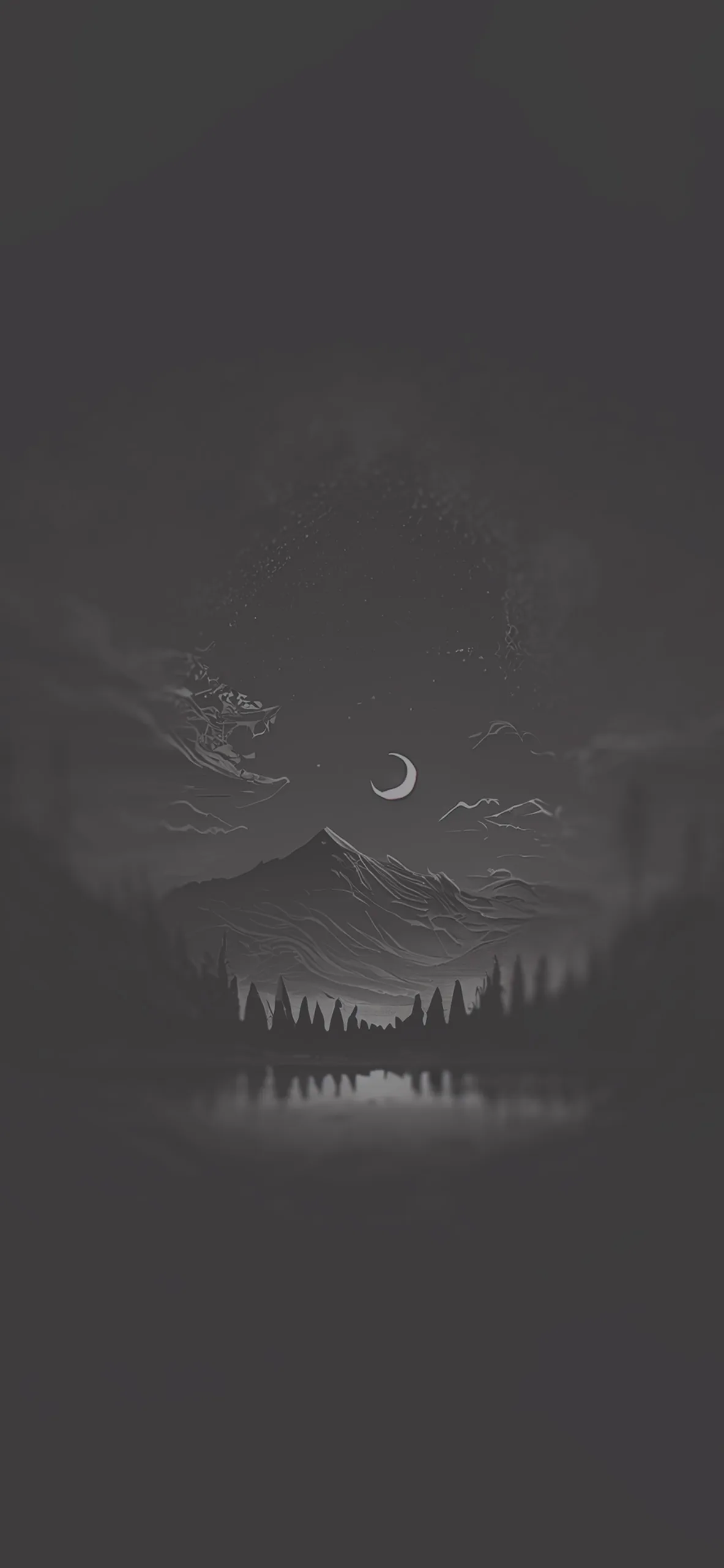 Layers of grey haze sit between a dark peak and a low treeline, a thin crescent showing through the cloud near the top.
