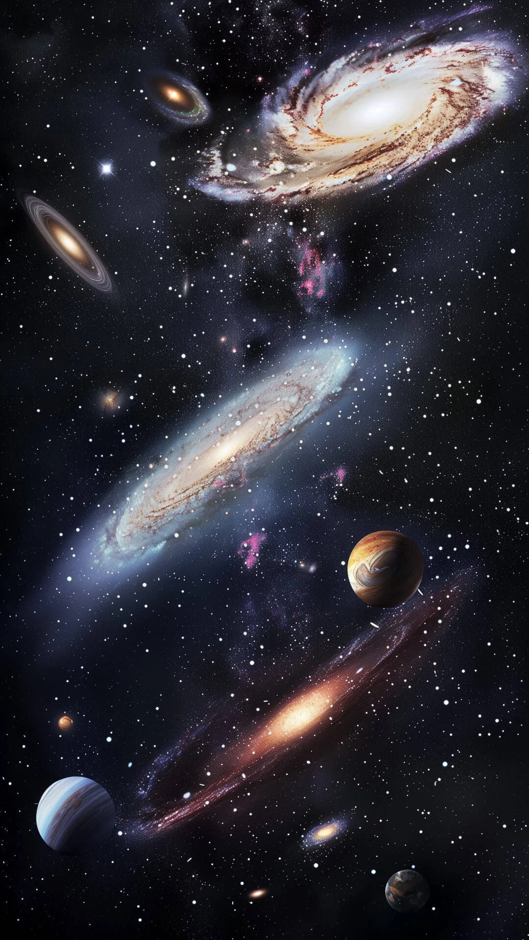 Spiral galaxies and ringed planets stacked up one tall frame like a tour of space, the largest galaxy tilted across the top.