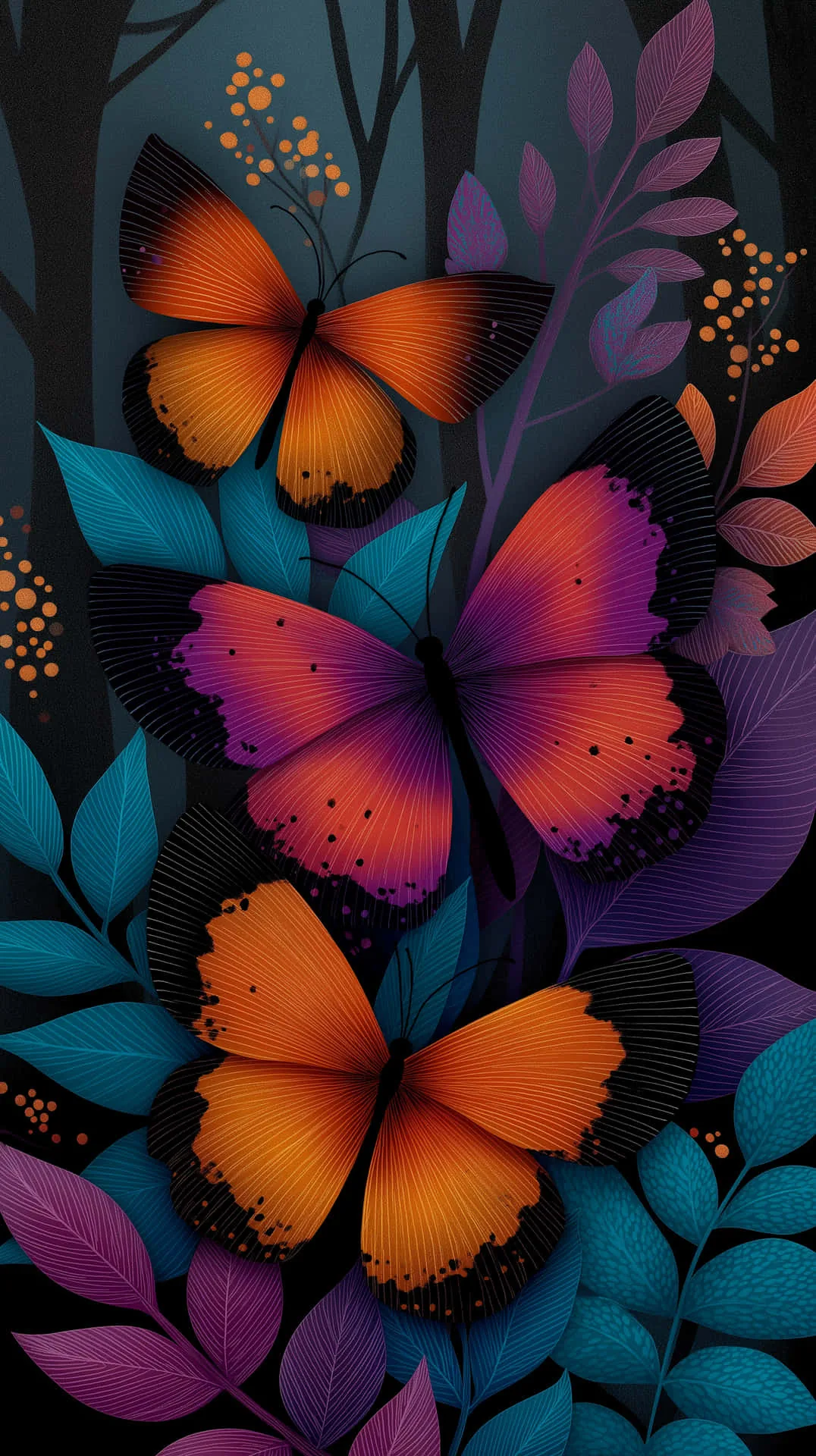 Three orange butterflies rest among stylised teal and violet leaves with dark tree trunks behind, a flat storybook illustration where every corner stays busy.