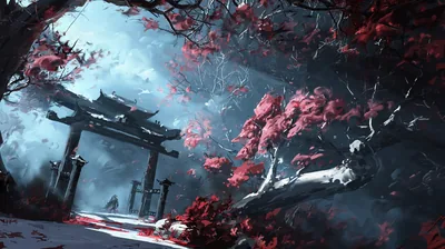 Old Gate in a Snowy Blossom Forest HD Wallpaper