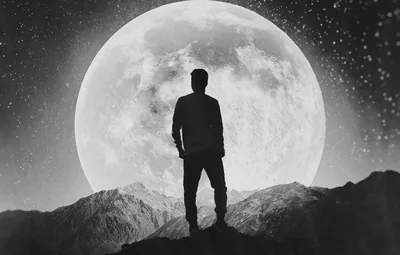 Monochrome Man Before a Full Moon HD Wallpaper