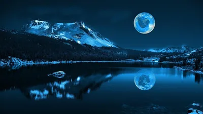 Moonlit Mountain Lake in Blue HD Wallpaper