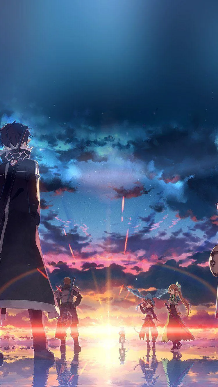 A party of fighters stands on mirror-flat water facing a burning horizon, dark clouds framing the light so the upper corners stay near black.