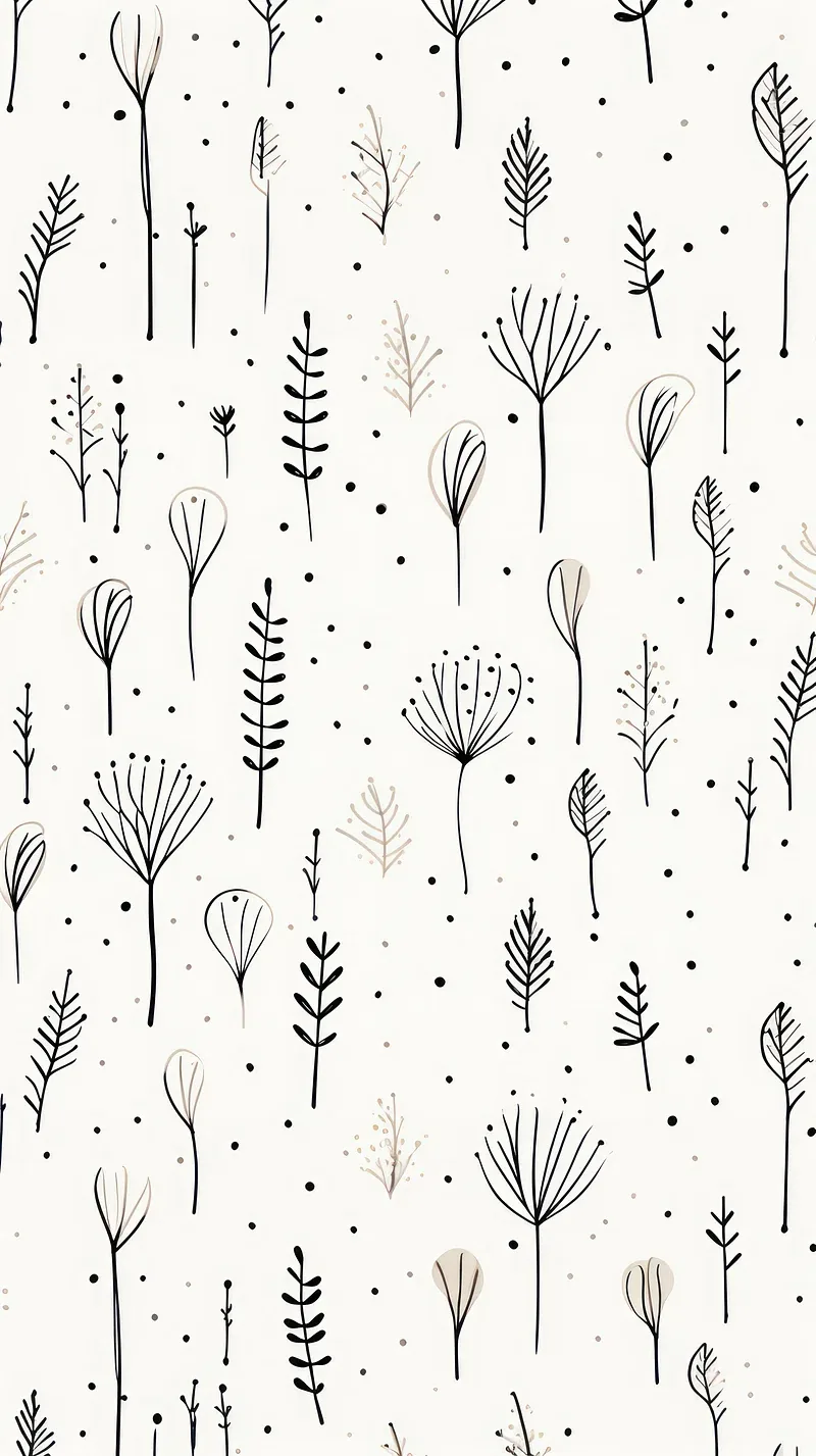 Slender hand-inked stems, ferns and seed heads grow upward in loose columns on soft cream, small dots filling the space between the stalks.