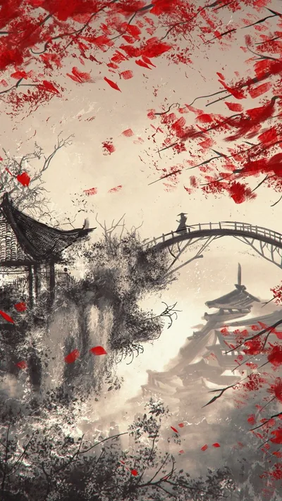 Stone Bridge in Autumn Ink Wash HD Phone Wallpaper