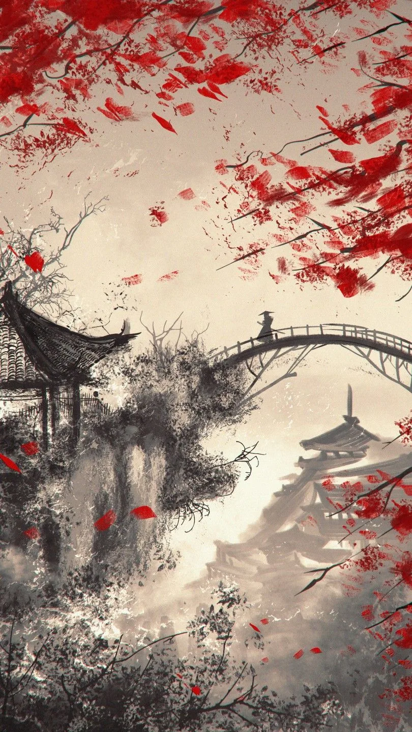 A lone figure crosses an arched stone bridge while red leaves fall past a thatched pavilion, the paper-toned sky occupying the airy top third.