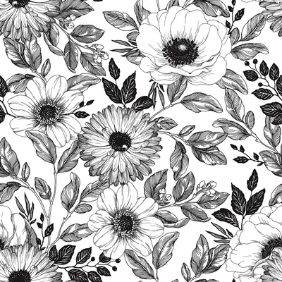 Black And White Floral Wallpaper Floral Tile Red Barrel Studio Size
