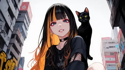 Anime Girl with a Black Cat on Her Shoulder HD Wallpaper