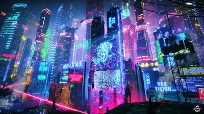 Neon Metropolis with Holographic Billboards HD Wallpaper